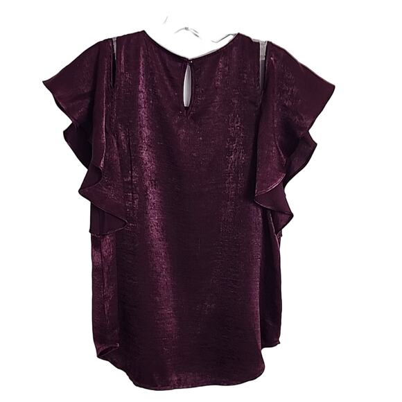 A. Byer Cold Shoulder Dark Purple Ruffle Blouse, Small - Picture 6 of 8